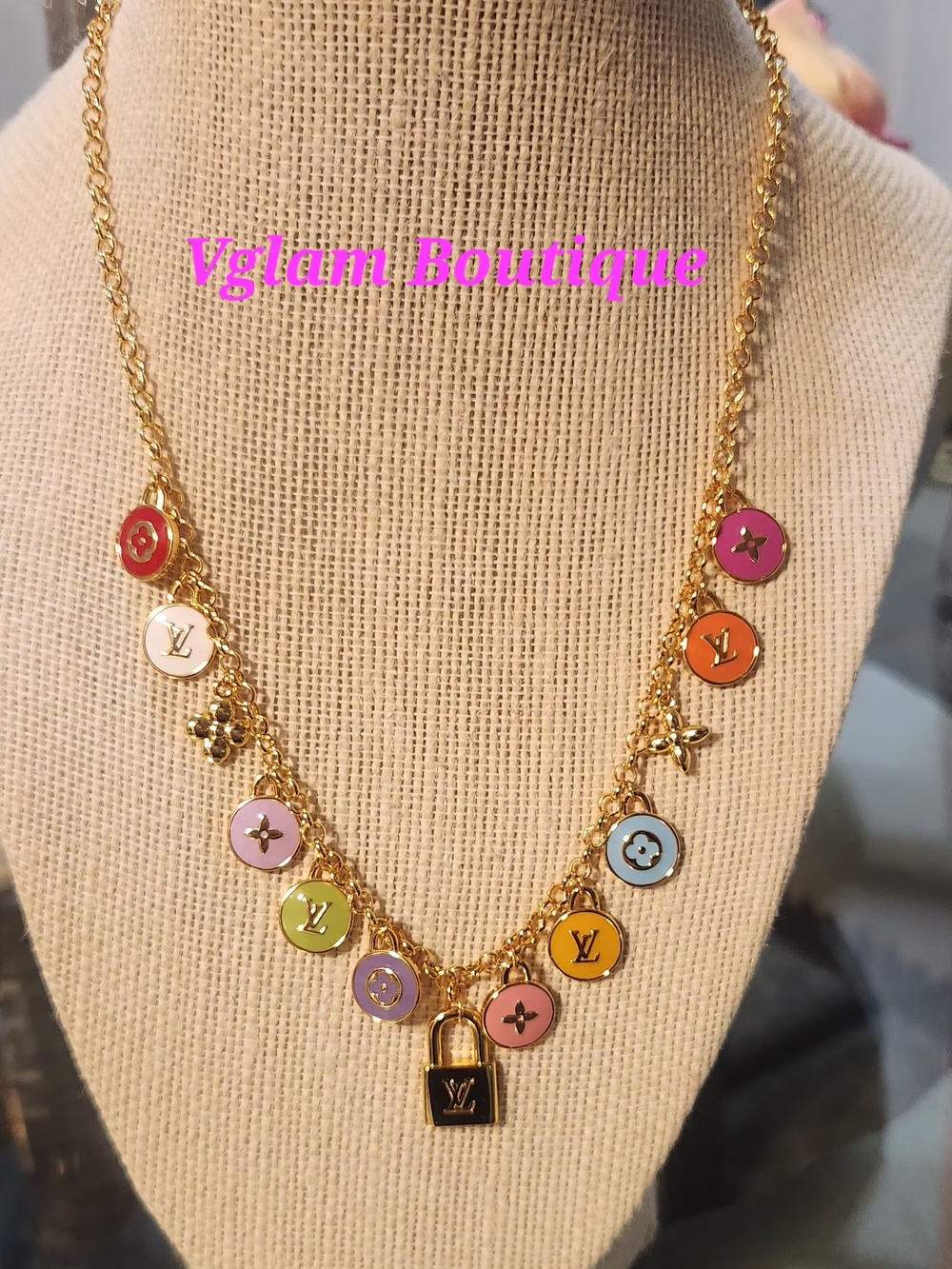 Multicolor Enamel Charm Necklace - Gold